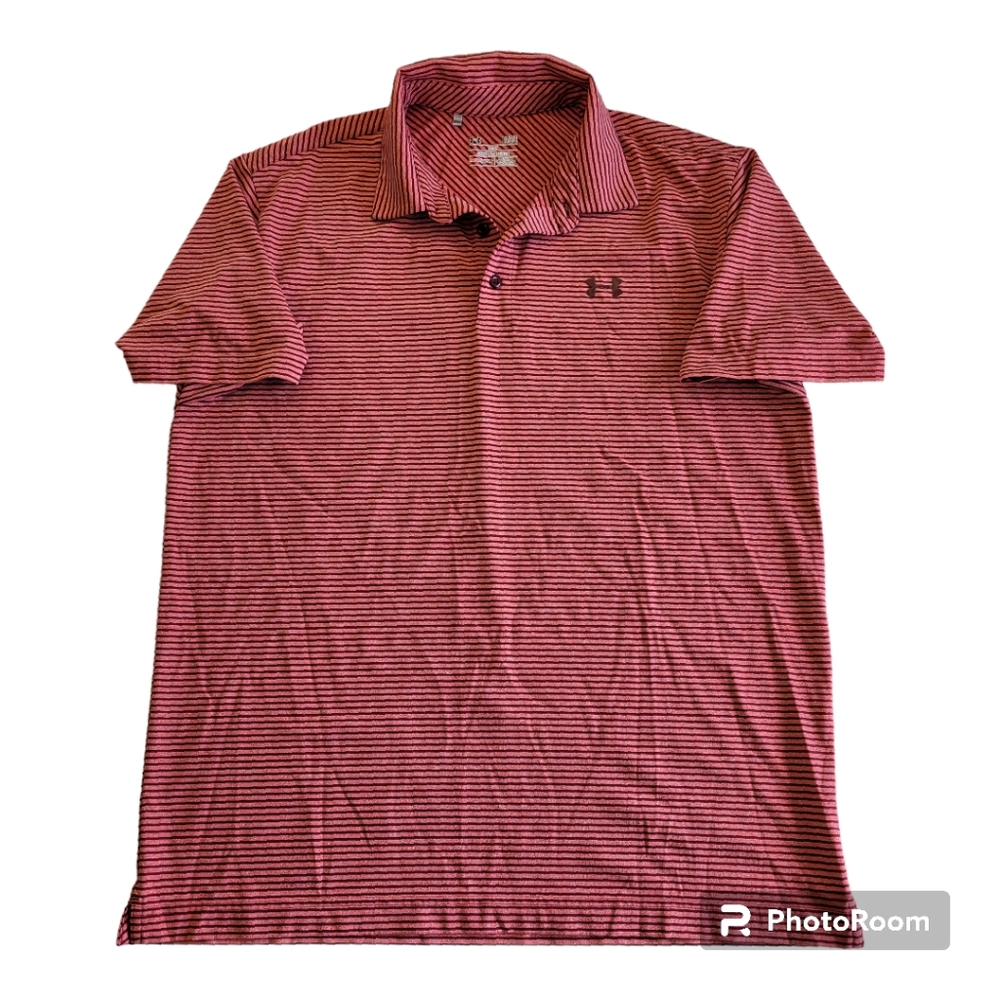 Under Armour Heat Gear Loose Polo Golf Shirt L Red Stripe Polyester Blend Shirt